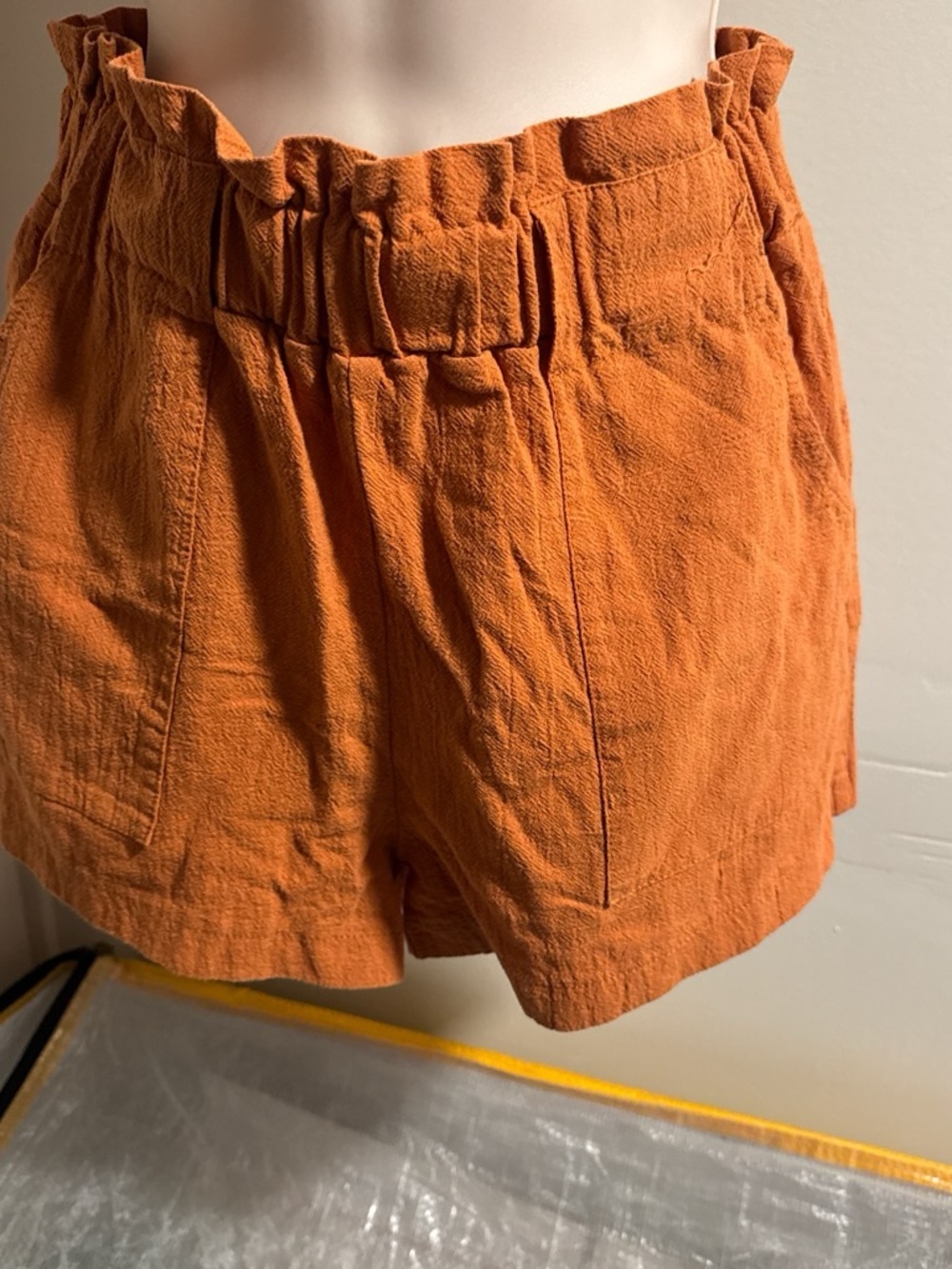 SHEIN Orange High-Waist Textured Paperbag Shorts